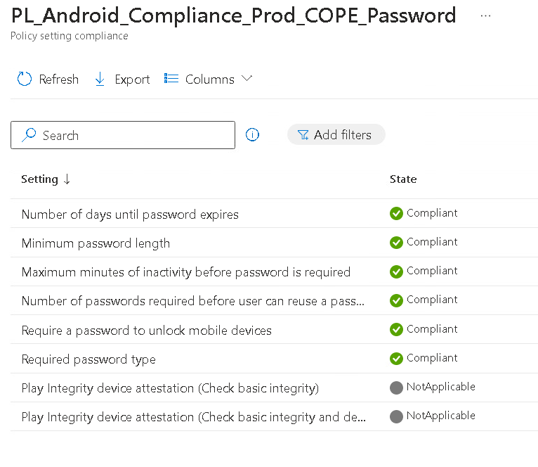 Device compliance detail Status